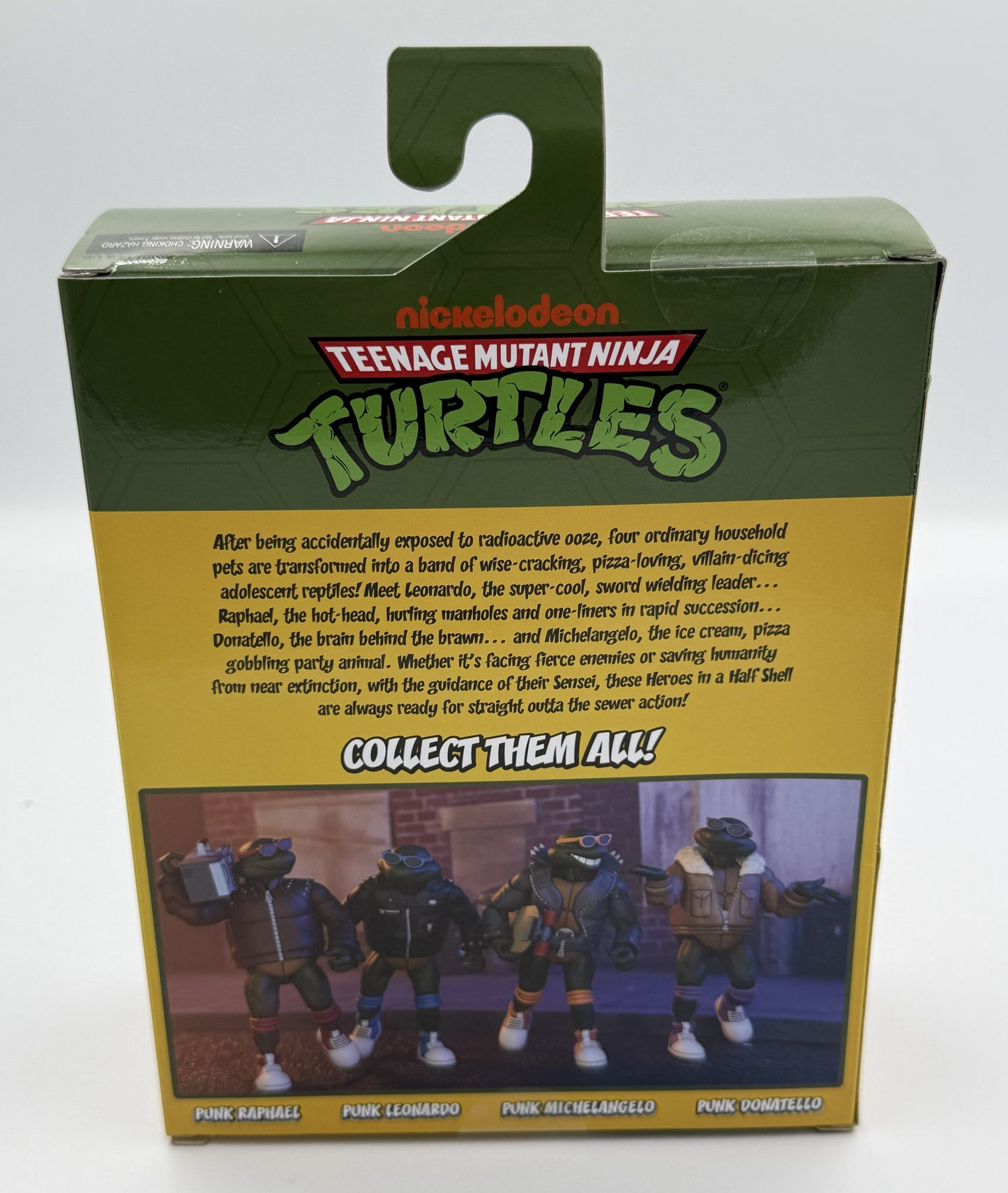 Back of the Nickelodeon Teenage Mutant Ninja Turtles Punk Michelangelo action figure box showing the Punk TMNT collection.