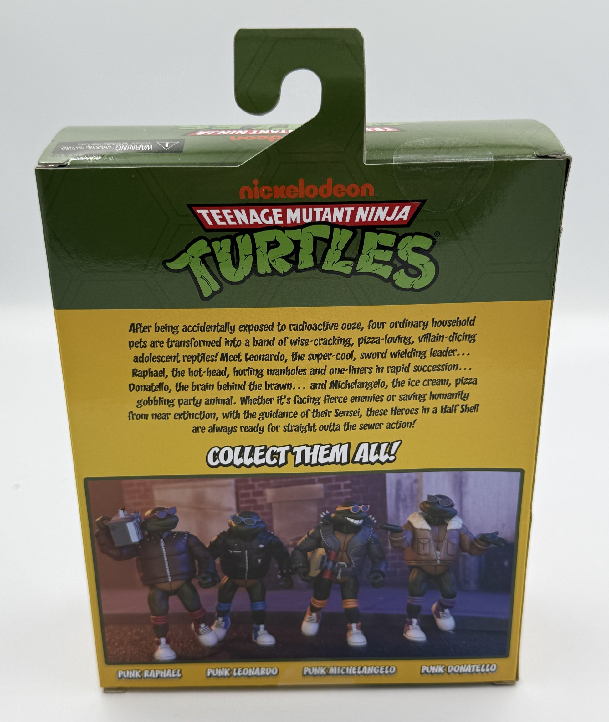 Back of the Nickelodeon Teenage Mutant Ninja Turtles Punk Michelangelo action figure box showing the Punk TMNT collection.