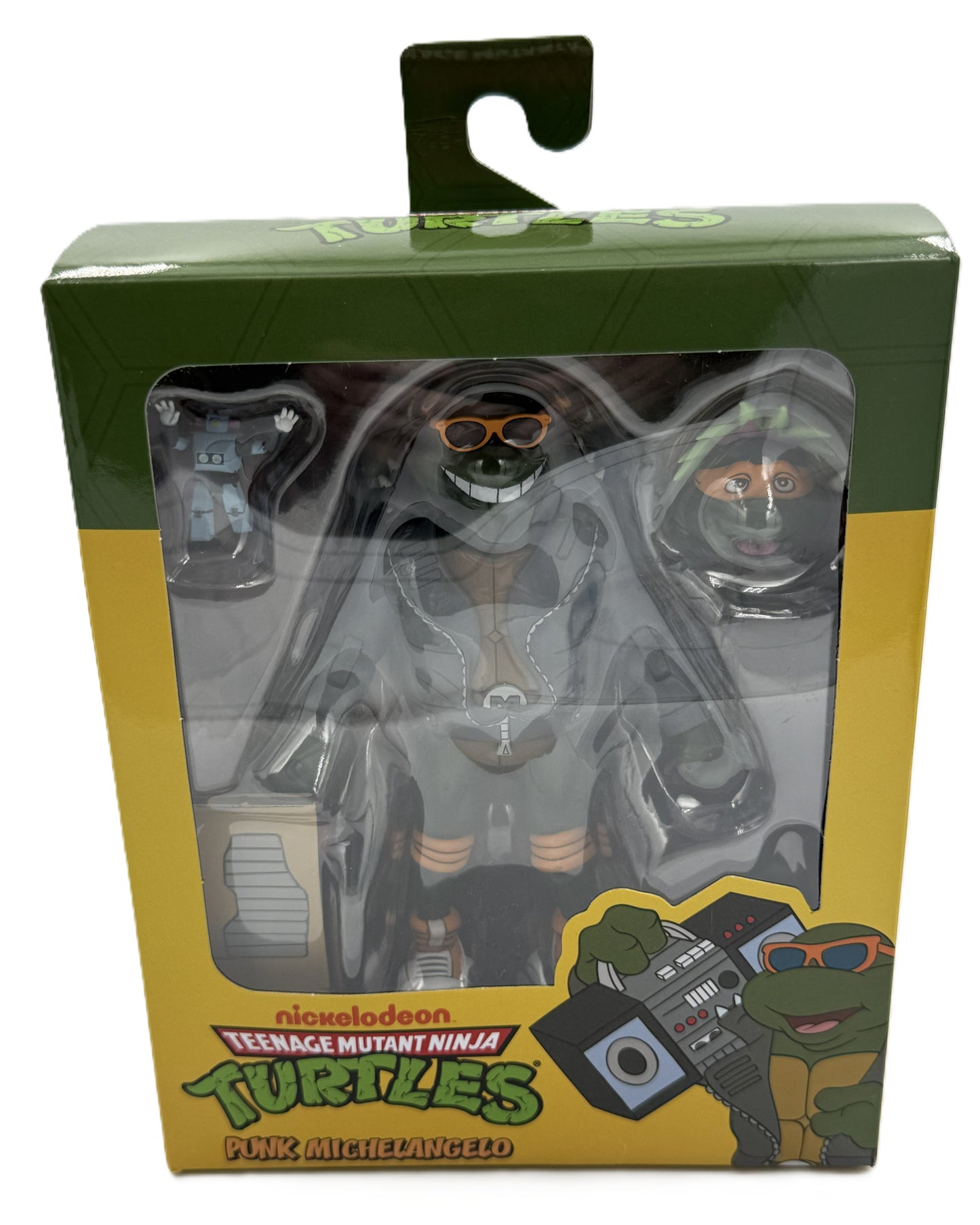 Front view of the Nickelodeon Teenage Mutant Ninja Turtles Punk Michelangelo action figure in collector window box.