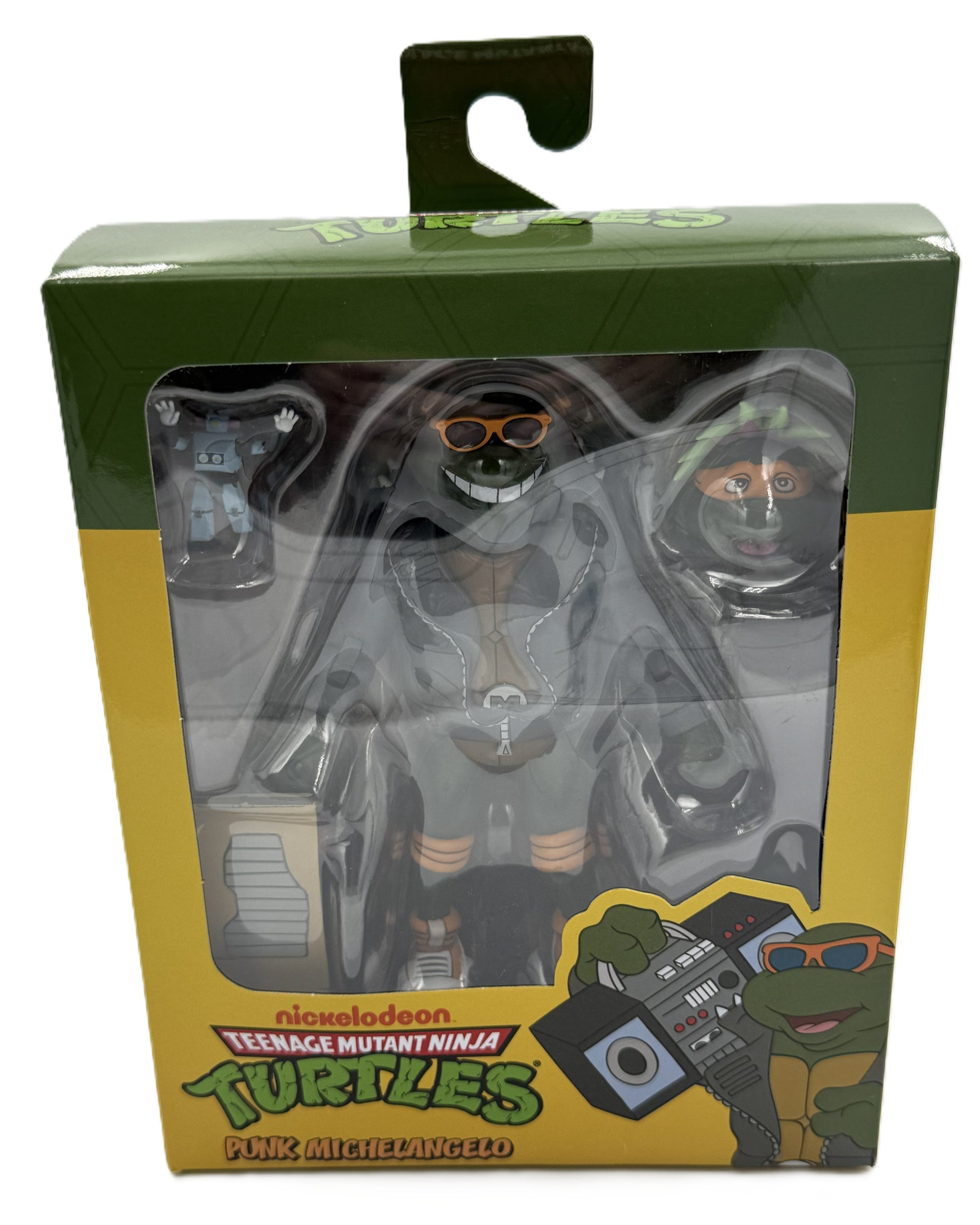 Front view of the Nickelodeon Teenage Mutant Ninja Turtles Punk Michelangelo action figure in collector window box.
