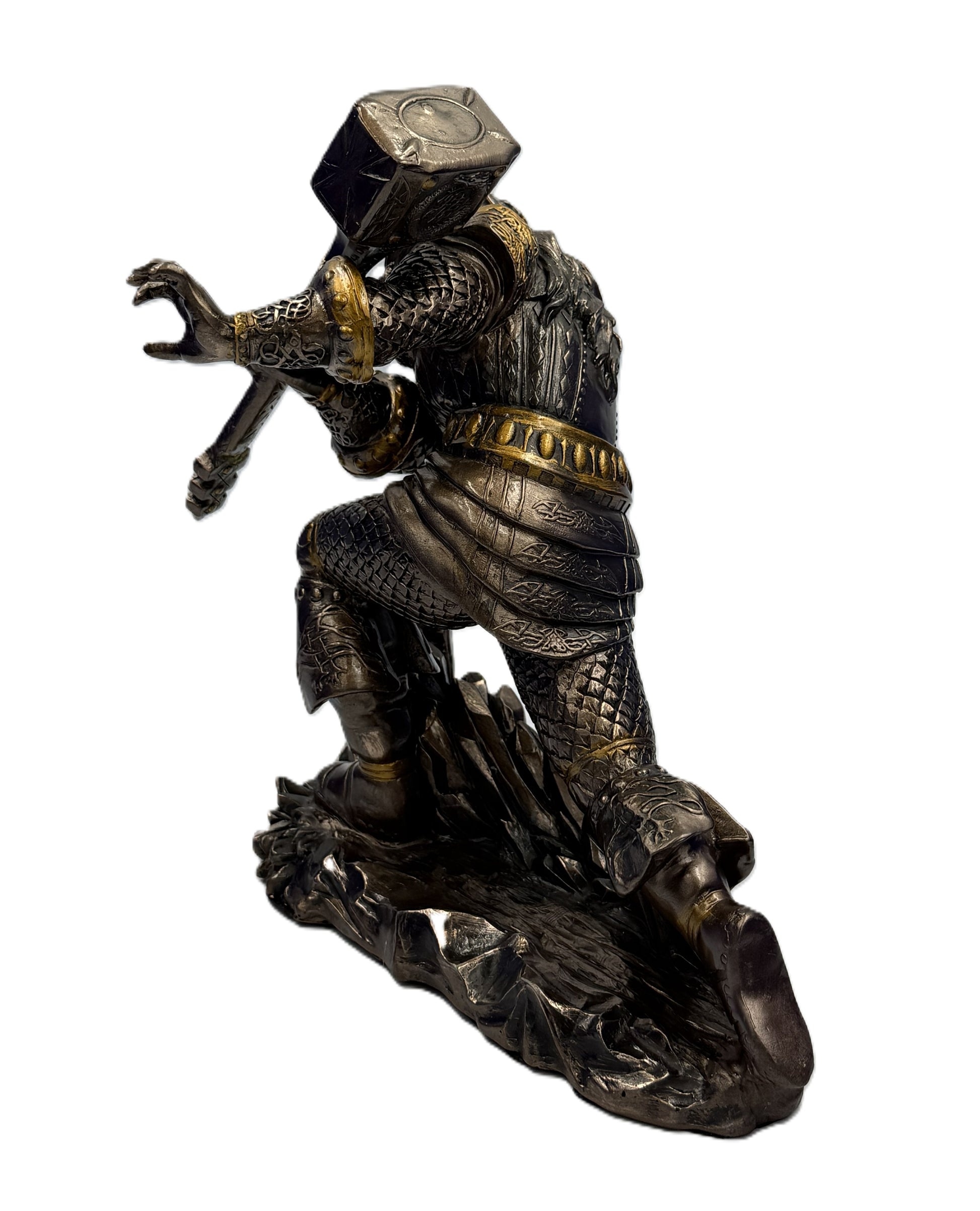 Back view of Viking warrior figurine showing detailed armor, helmet horns, and stance

