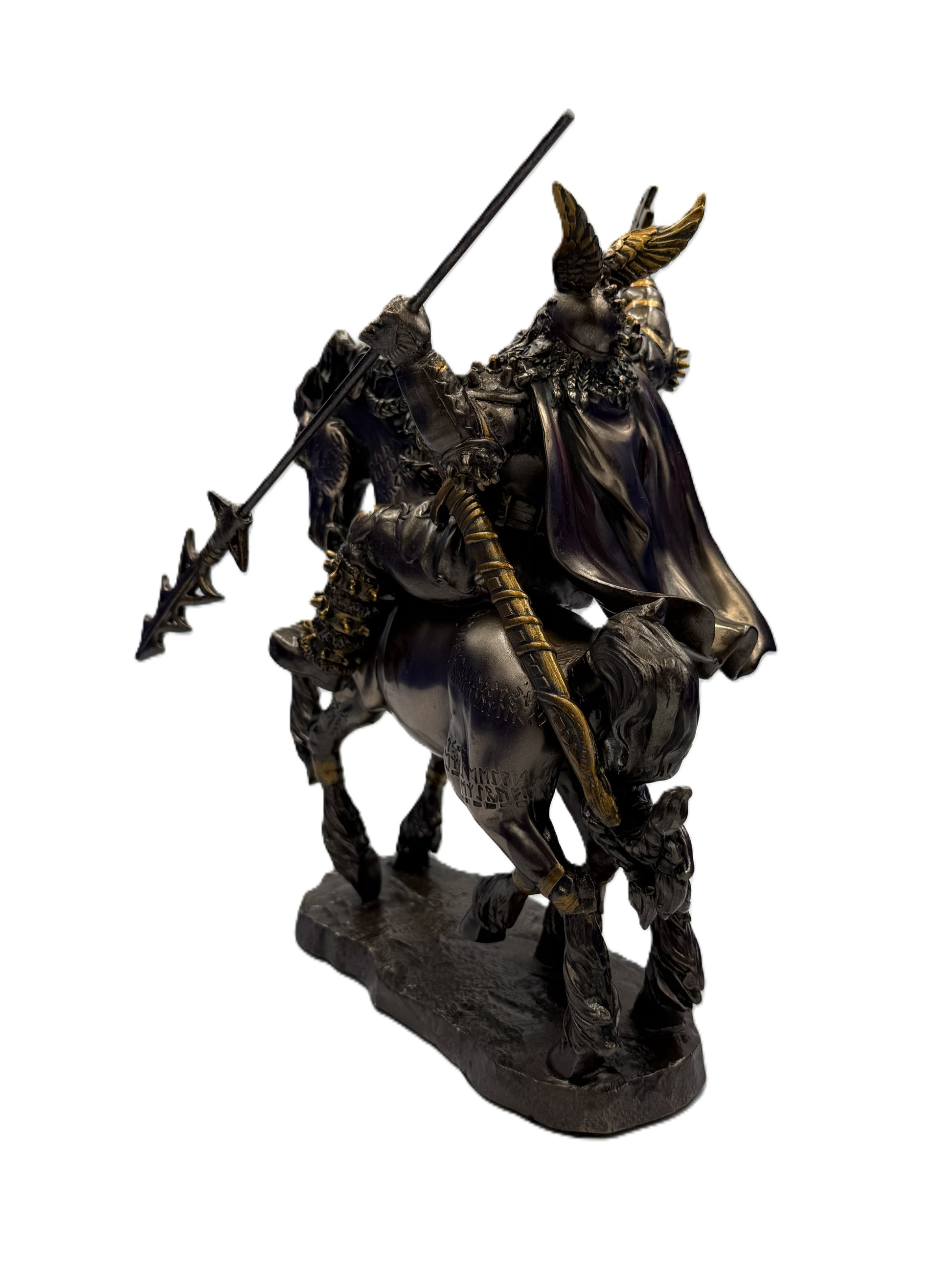 Rear left angle of Odin statue showing flowing cape, spear, and detailed horse sculpt
