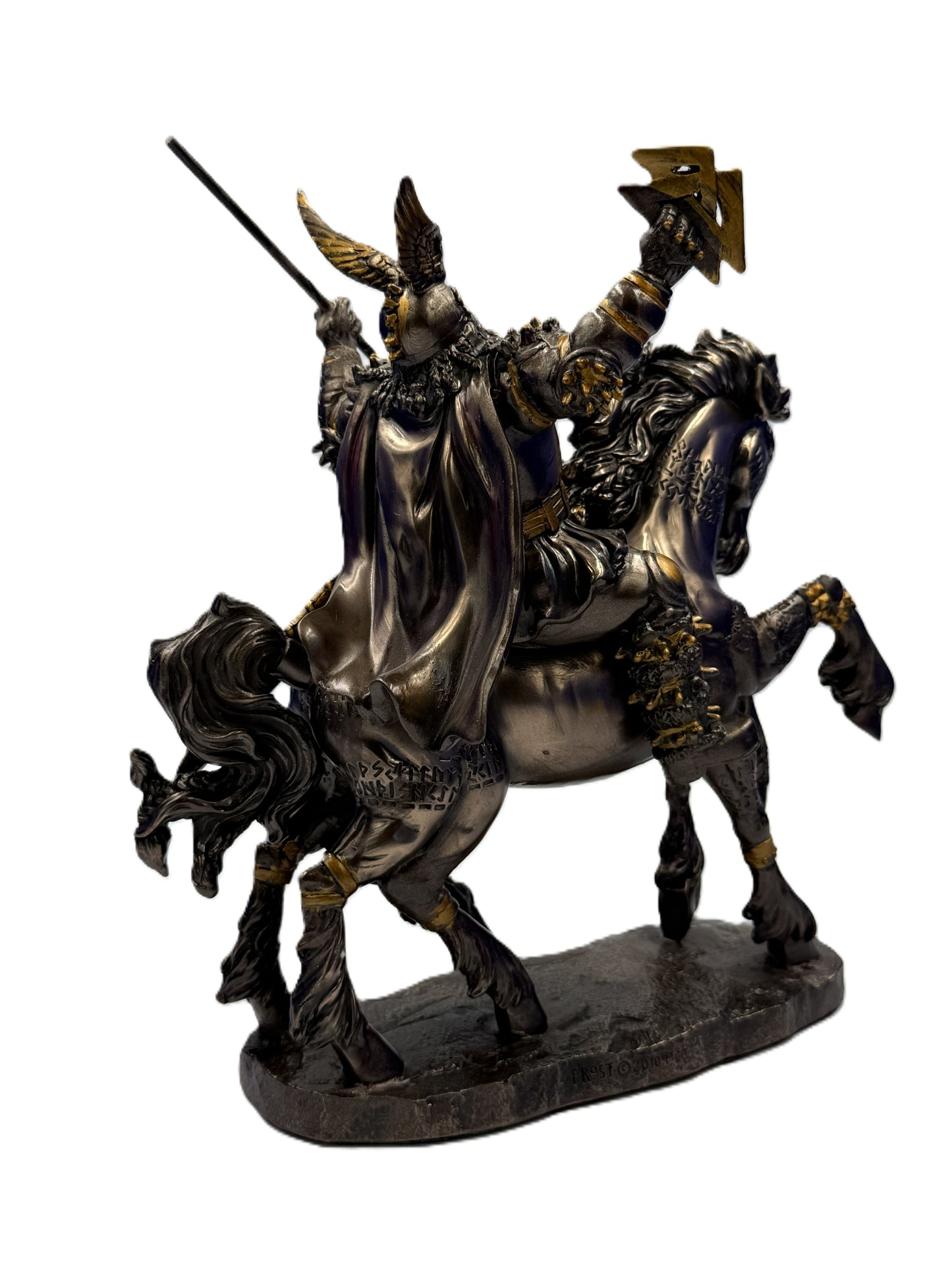 Rear right angle of Odin figurine showing intricate armor, cape, and horse details
