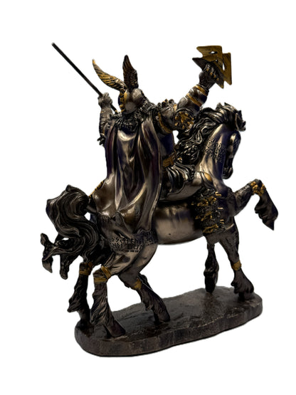Rear right angle of Odin figurine showing intricate armor, cape, and horse details

