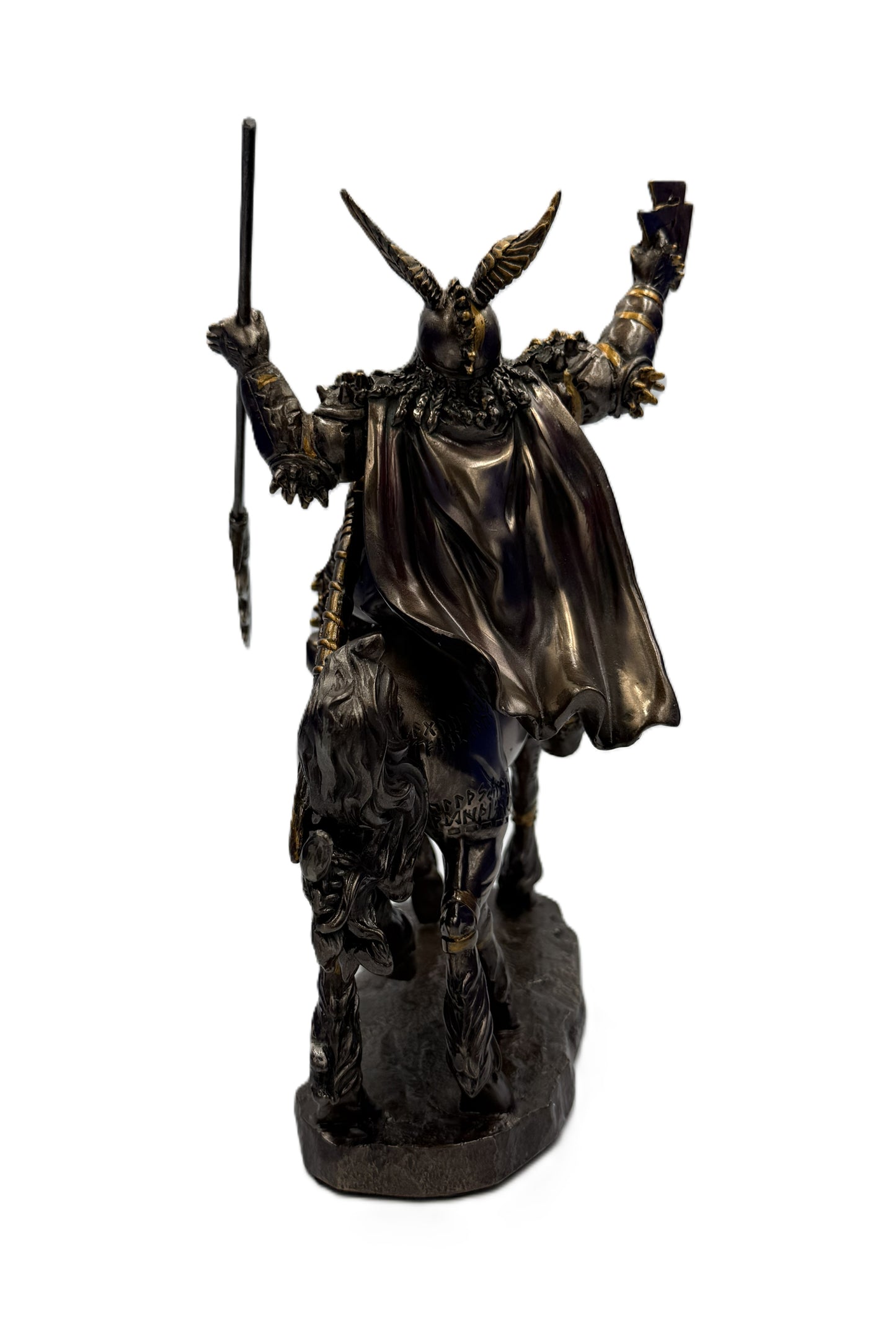 Back view of Odin sculpture highlighting cape movement, armor details, and horse stance
