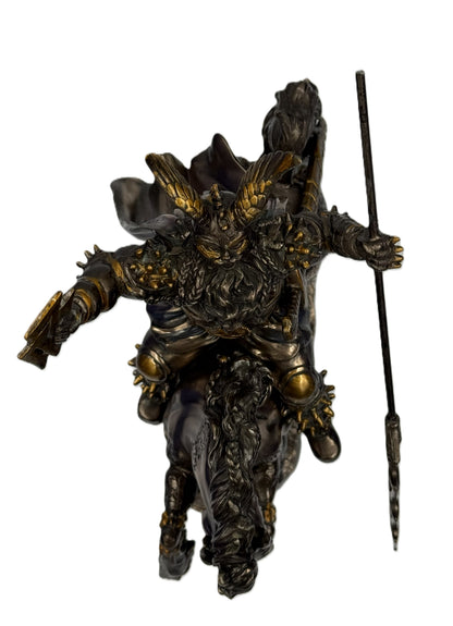 Top view of Odin statue showing full composition of rider, horse, and weapon details
