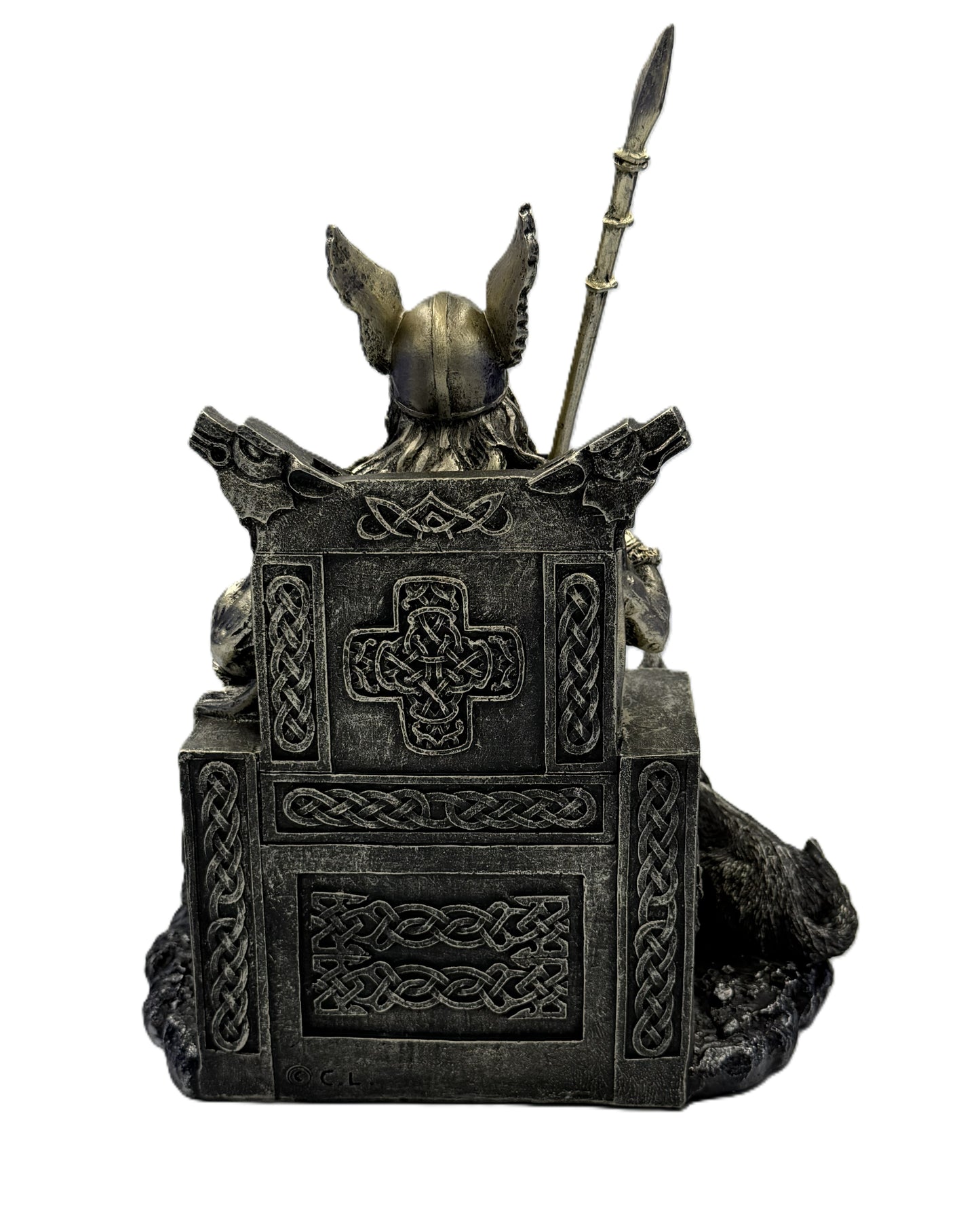 Back view of Odin statue highlighting carved throne with Celtic knot patterns and rear detailing

