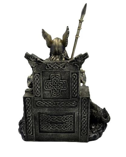 Back view of Odin statue highlighting carved throne with Celtic knot patterns and rear detailing
