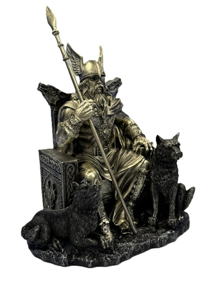 Front angled perspective of Odin with wolves emphasizing sculpted beard, armor, and mythological details
