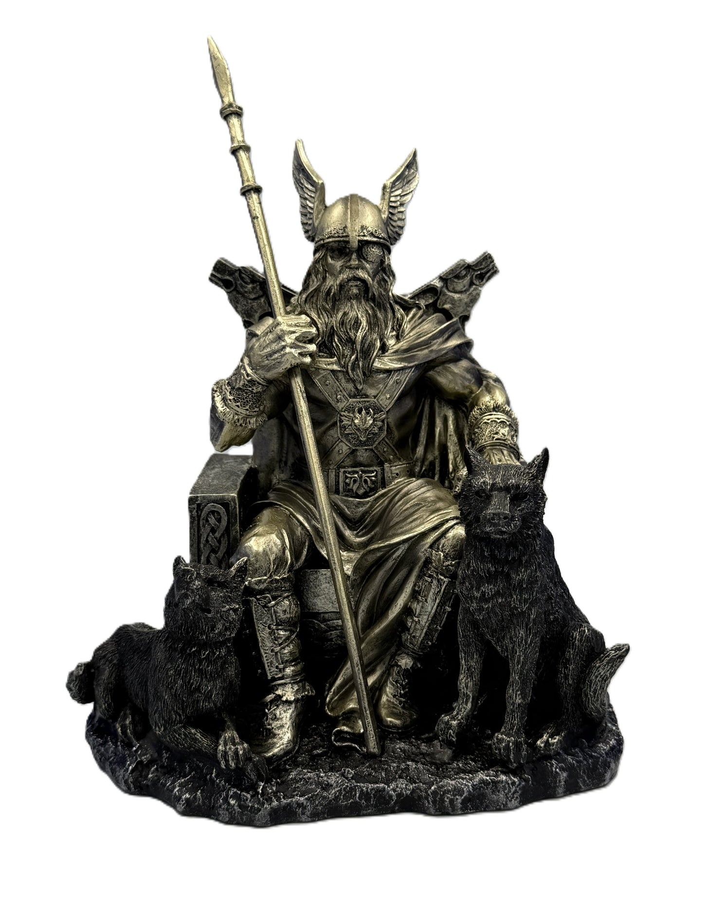 Front view of Odin statue seated on throne with spear and two wolves in cold cast bronze Norse mythology design
