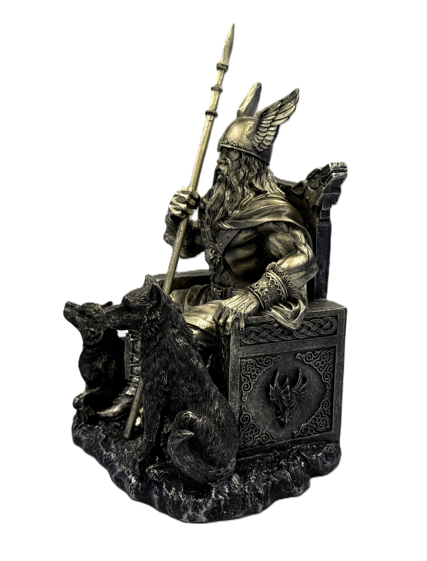 Left angled view of Odin figure showing detailed armor, spear, and wolves beside throne with Nordic carvings
