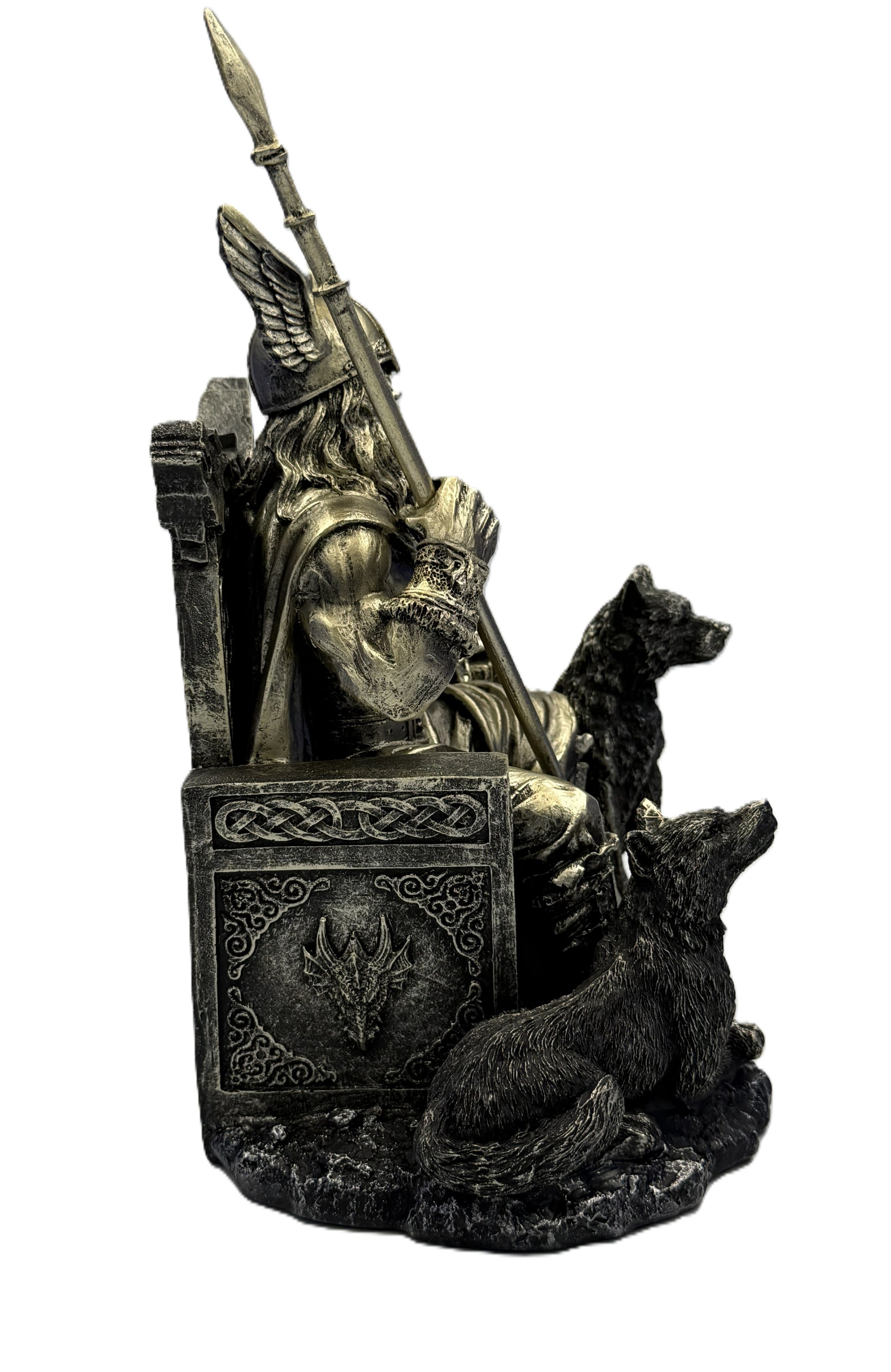 Right side view of Norse Odin statue featuring spear, helmet, and wolf companion with textured base
