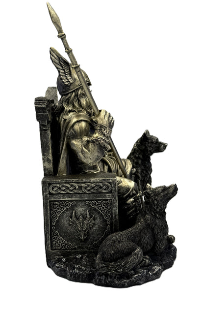 Right side view of Norse Odin statue featuring spear, helmet, and wolf companion with textured base
