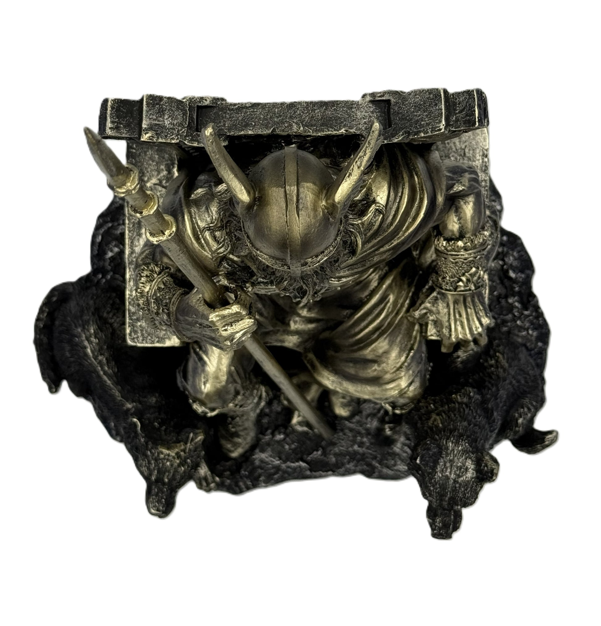 Top view of Odin statue showing helmet, spear positioning, and full composition of wolves and throne
