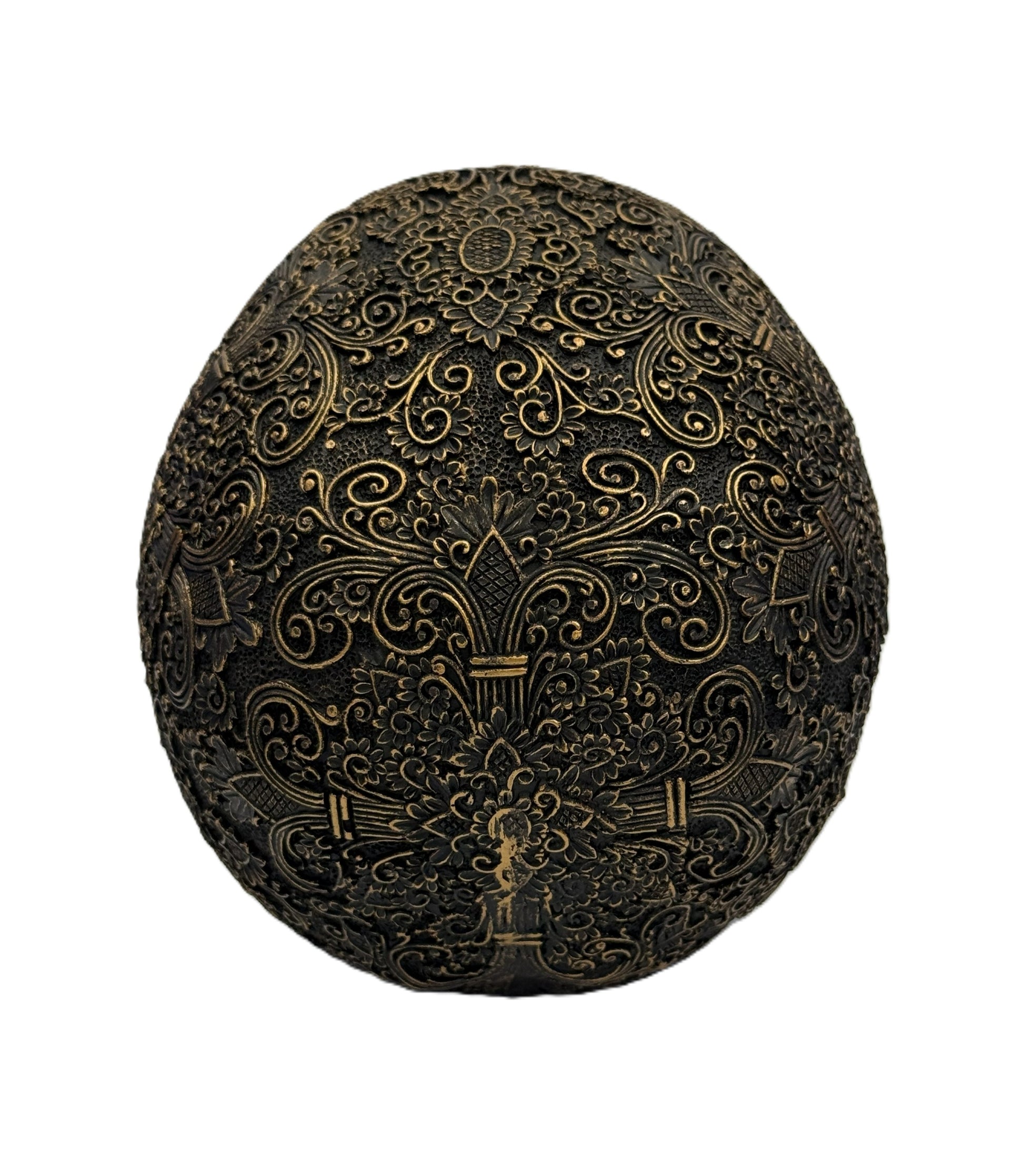 Rear view of gothic skull highlighting full pattern coverage and detailed ornamental carving
