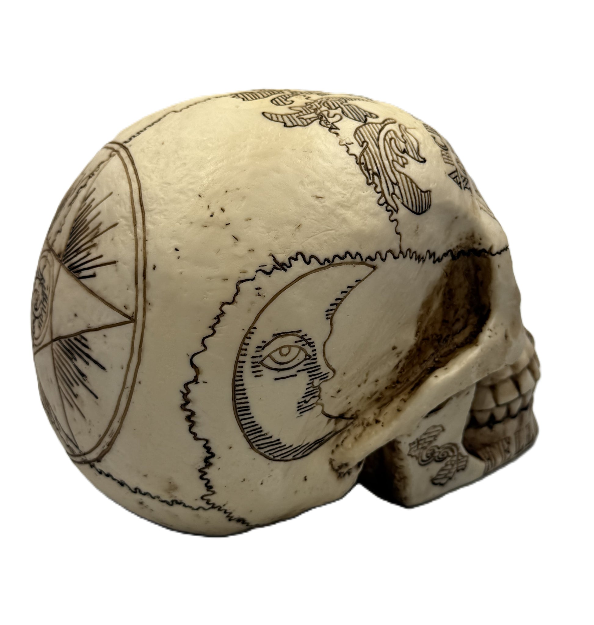 Opposite side view with crescent moon face engraving and aged gothic texture
