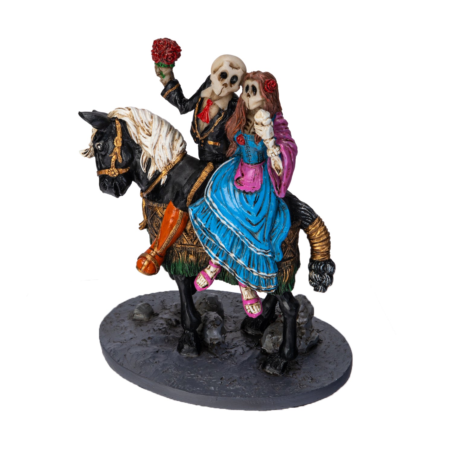 Left angle view of gothic skeleton wedding couple riding horse
