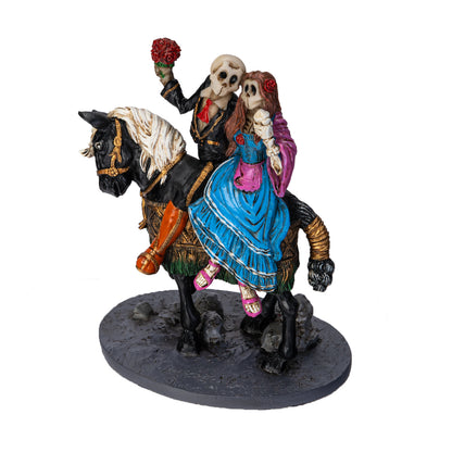 Left angle view of gothic skeleton wedding couple riding horse
