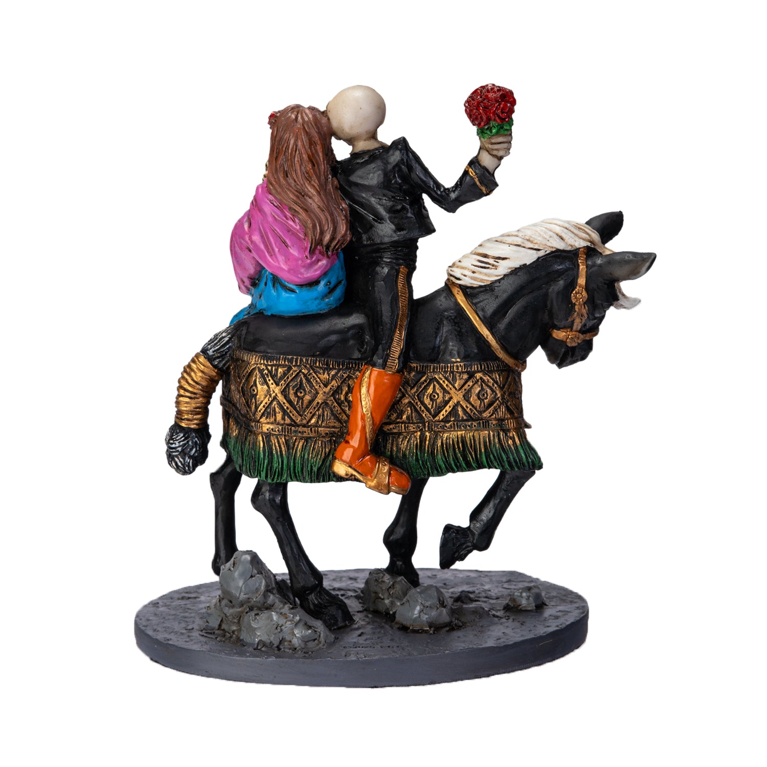 Back view of skeleton couple on horse showing detailed clothing and sculpt
