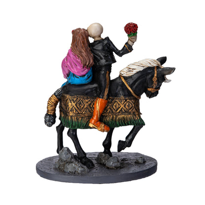 Back view of skeleton couple on horse showing detailed clothing and sculpt
