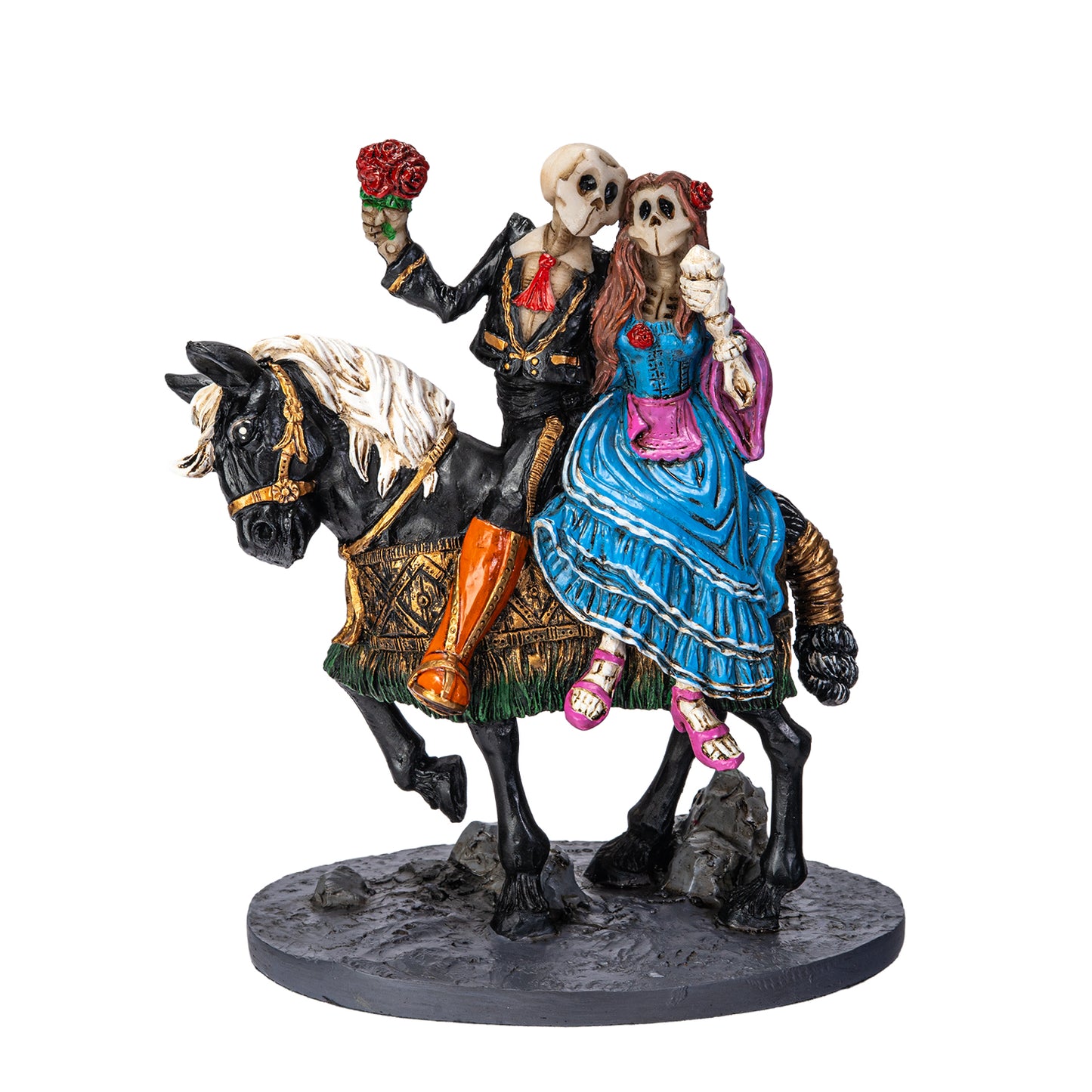 Front view of skeleton bride and groom riding horse holding roses
