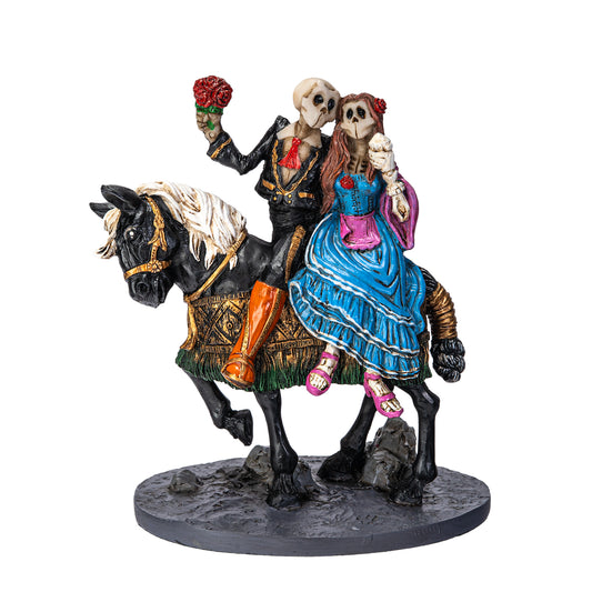 Front view of skeleton bride and groom riding horse holding roses
