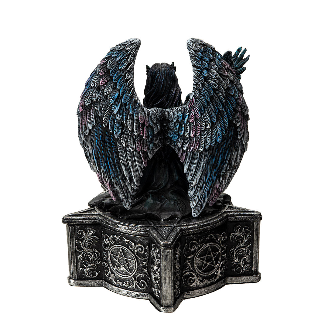Back view of gothic fairy box showing detailed wings and raven figure
