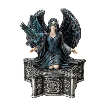 Front view of Anne Stokes raven fairy trinket box with wings and pentagram base
