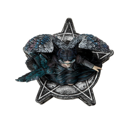 Top view of fairy trinket box highlighting pentagram lid and wing details
