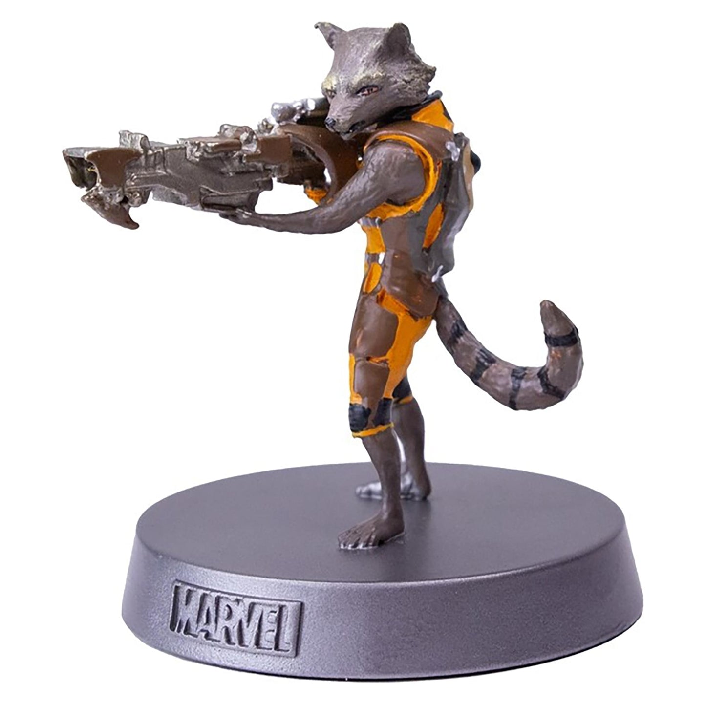 Marvel Rocket heavyweights metal statue front view holding weapon on display base
