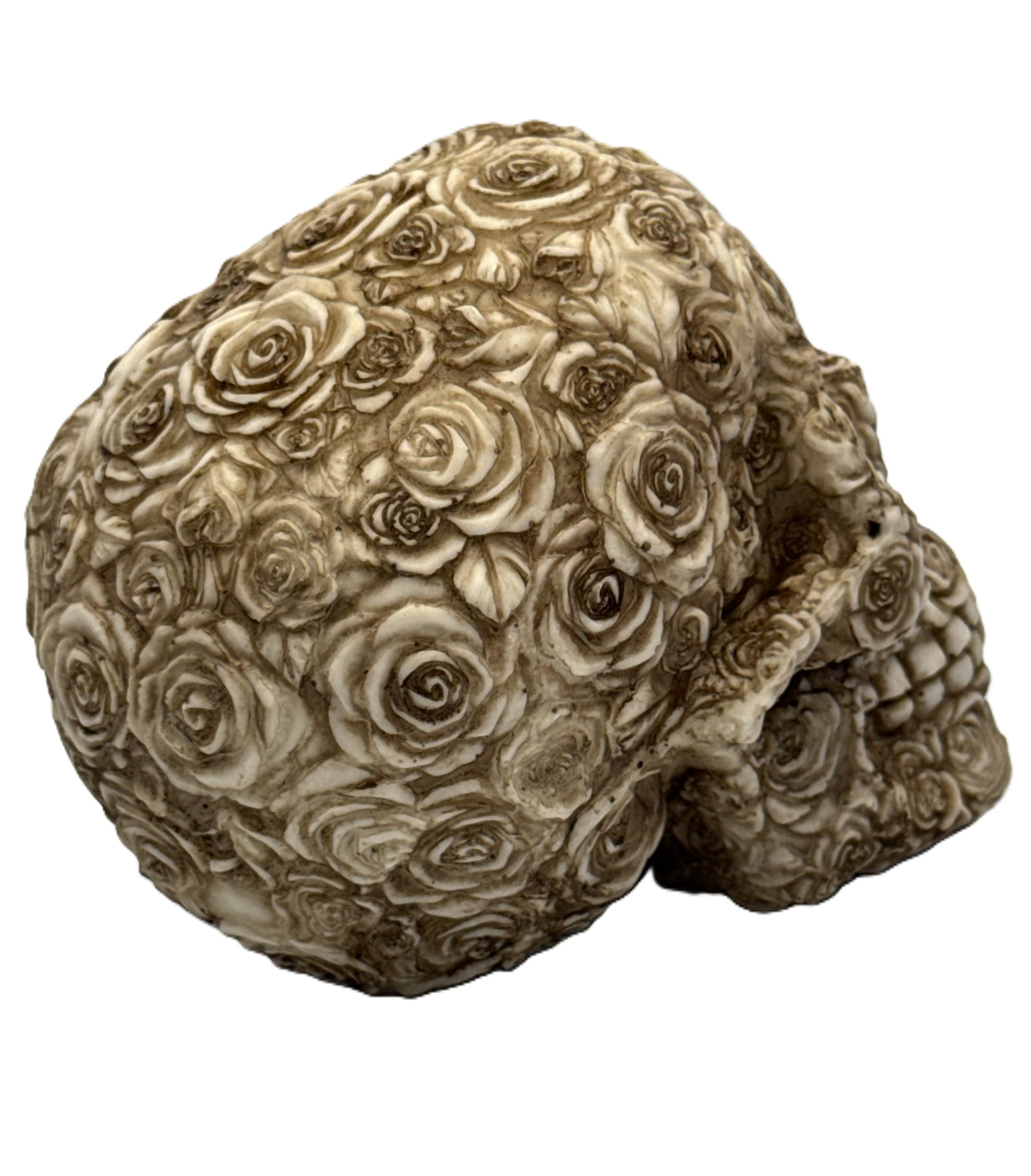 Rear right angled view of gothic rose skull highlighting dense floral carvings and antique finish
