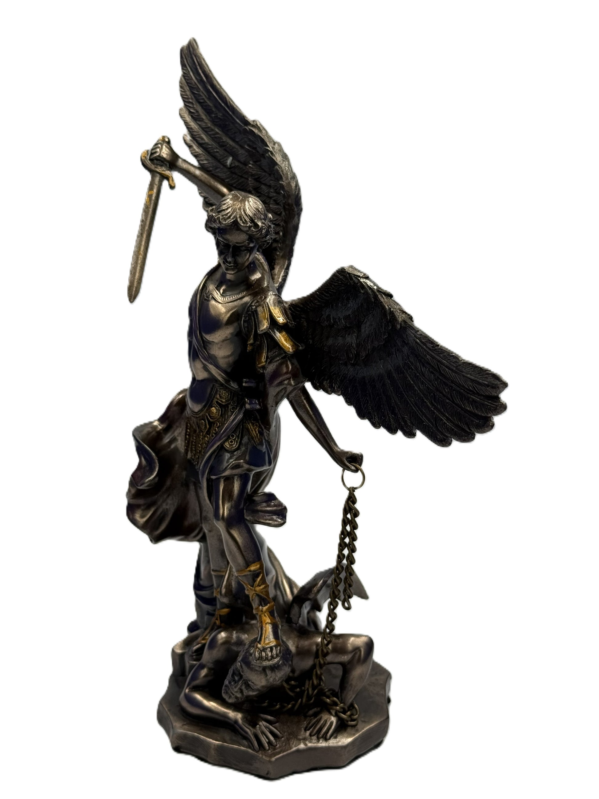 Angled view of Saint Michael Archangel figurine showing wings and detailed armor

