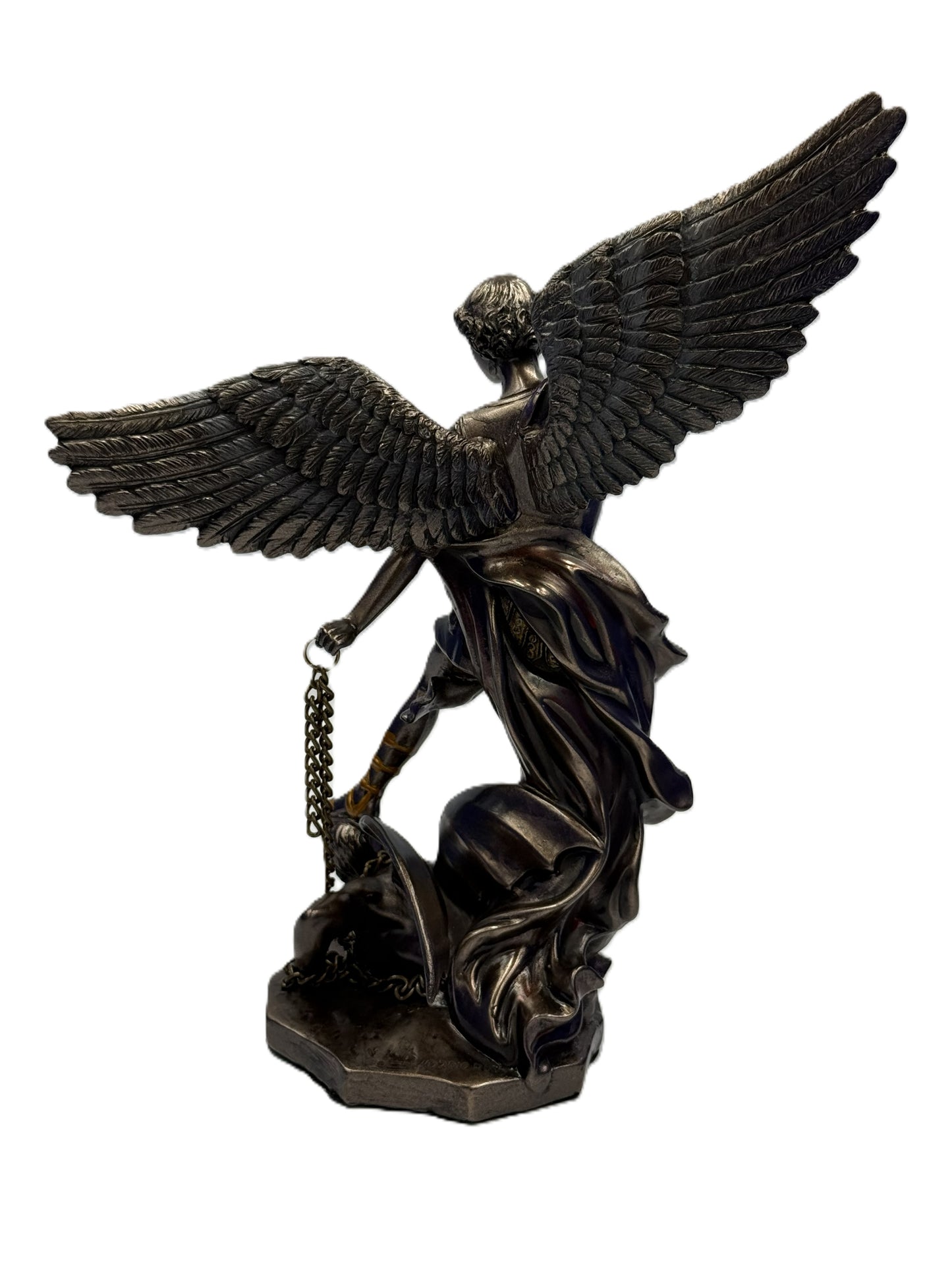 Back view of Saint Michael Archangel statue showcasing large detailed wings

