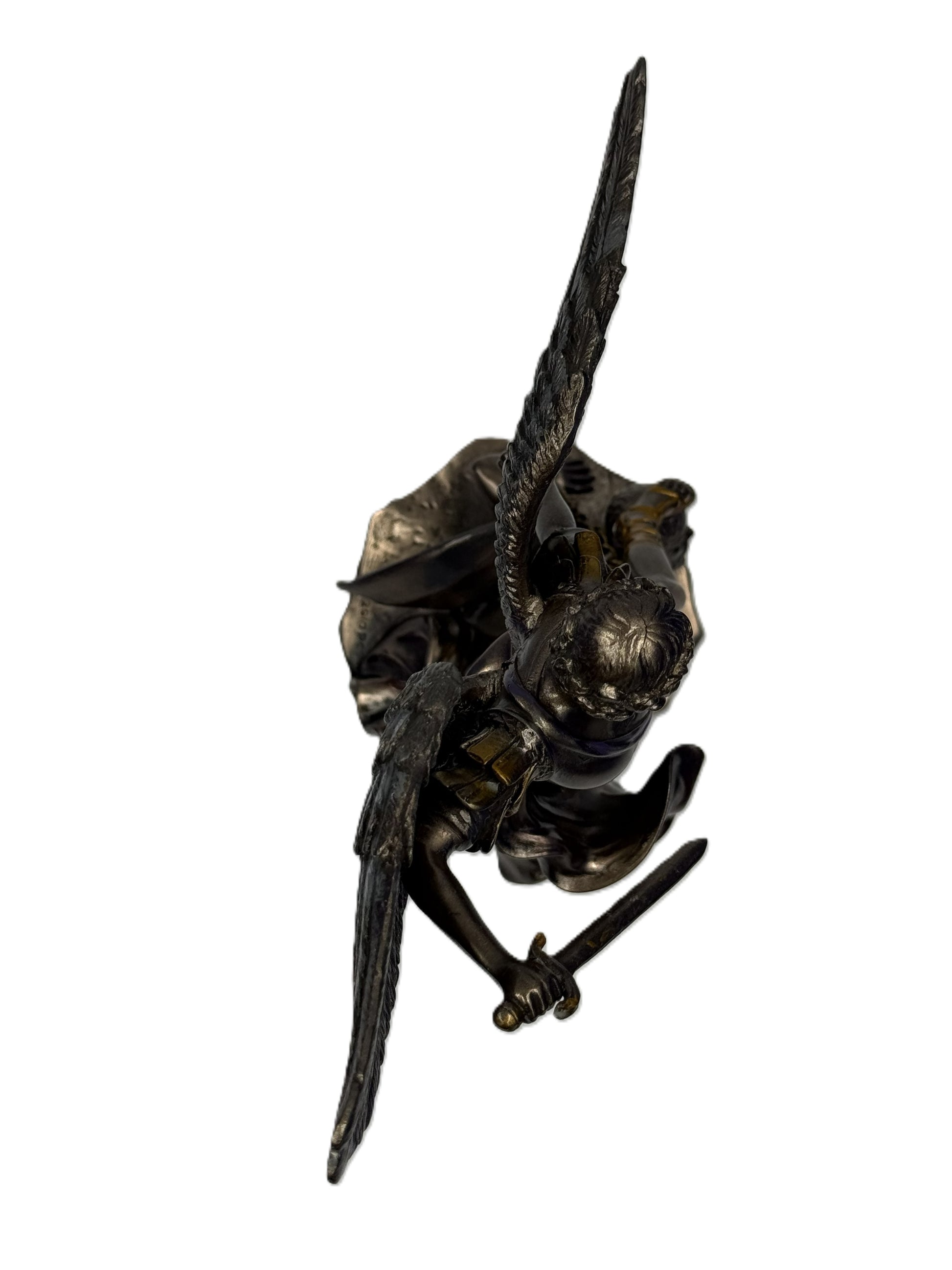 Top view of Saint Michael Archangel statue showing sword and wing positioning
