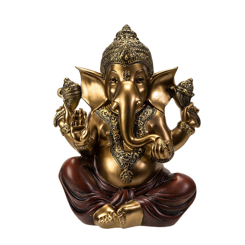 Front view of seated Ganesha statue with gold finish and detailed craftsmanship

