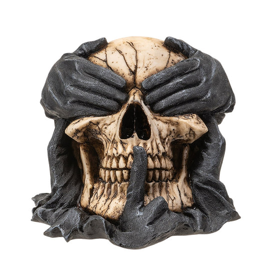 Front view of skull with hands covering eyes, ears, and mouth
