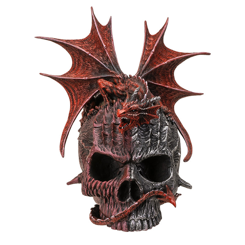 Front view of dragon perched on skull storage box with detailed wings and sculpting
