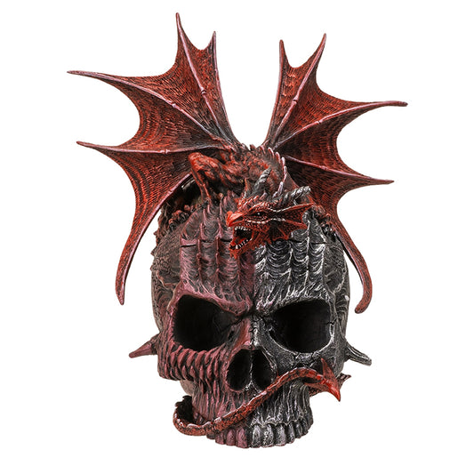 Front view of dragon perched on skull storage box with detailed wings and sculpting
