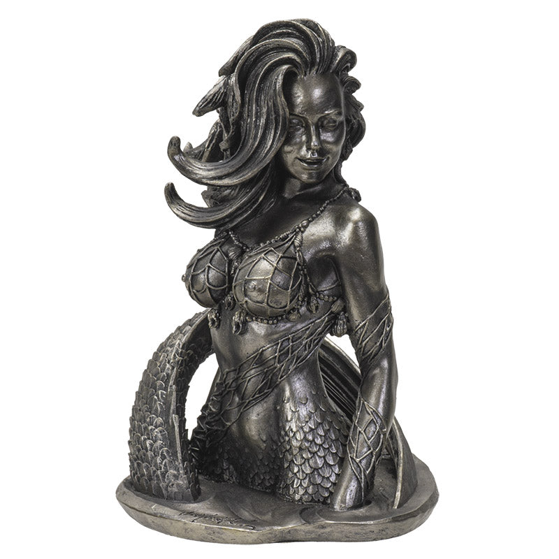 Front view of silver mermaid sculpture showcasing detailed scales and flowing hair design

