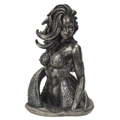 Front view of silver mermaid sculpture showcasing detailed scales and flowing hair design
