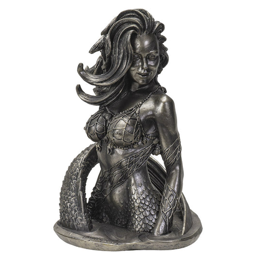 Front view of silver mermaid sculpture showcasing detailed scales and flowing hair design
