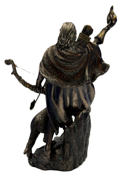 Back view of Skadi Norse goddess statue highlighting textured cloak and quiver details
