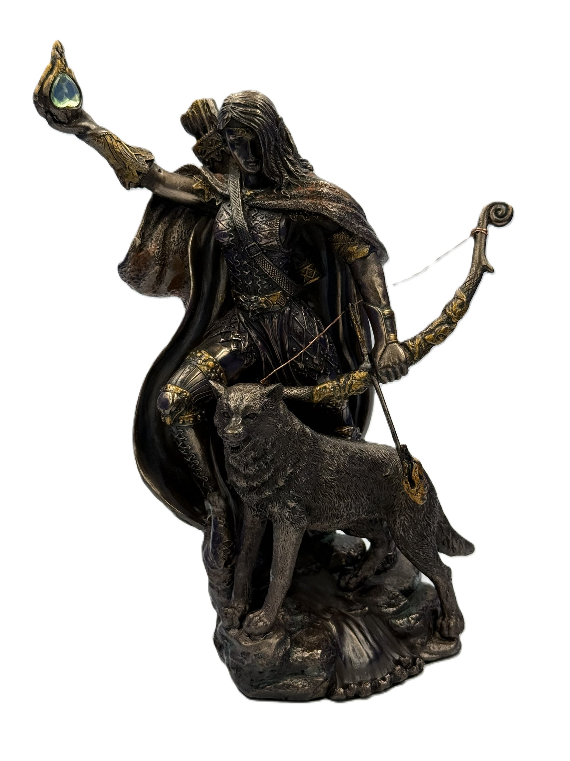 Front view of Skadi Norse goddess statue holding bow with wolf companion, detailed cold cast bronze finish
