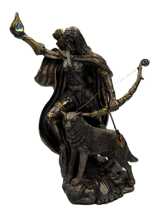Front view of Skadi Norse goddess statue holding bow with wolf companion, detailed cold cast bronze finish
