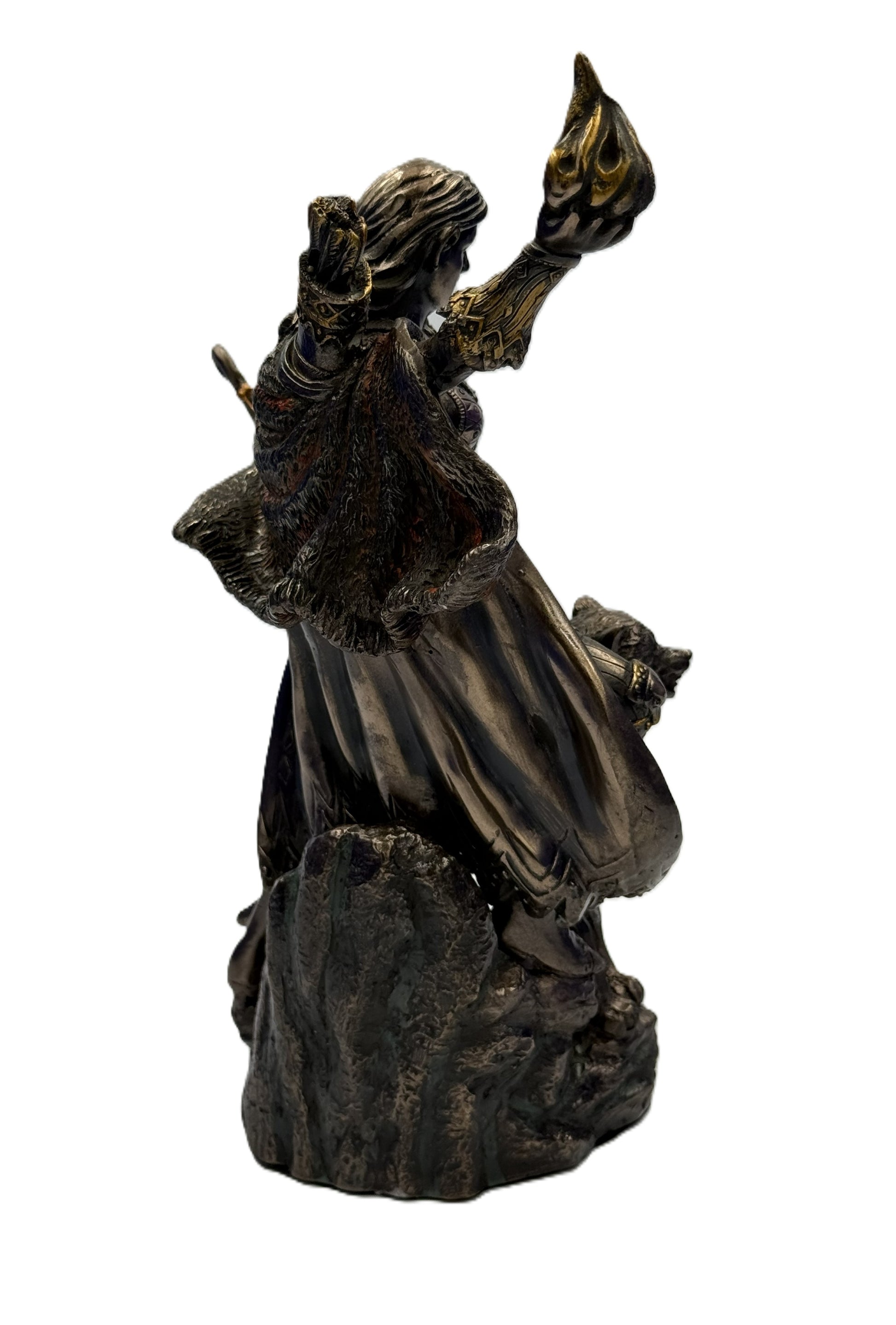 Rear angled view of Skadi statue with raised arm and intricate sculpted armor and cloak
