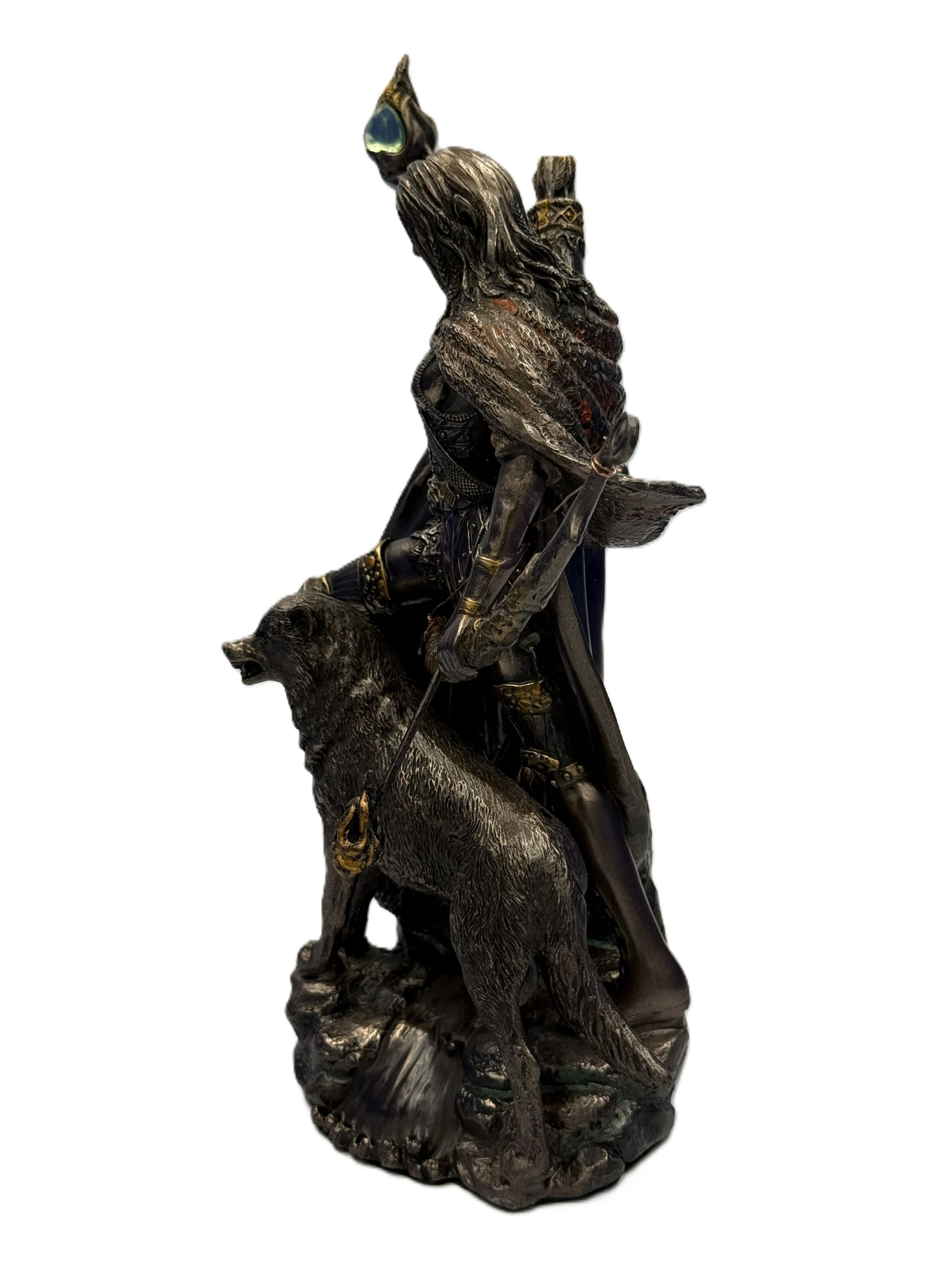 Side view of Skadi statue showing flowing cloak, bow detail, and wolf figure beside her
