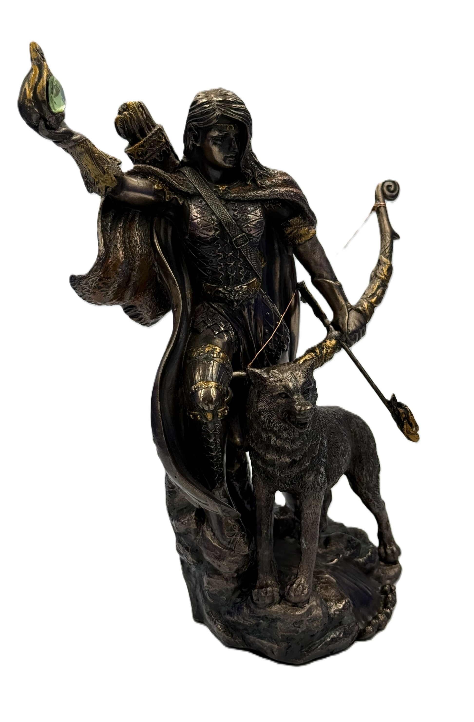 Side view of Skadi statue showing flowing cloak, bow detail, and wolf figure beside her
