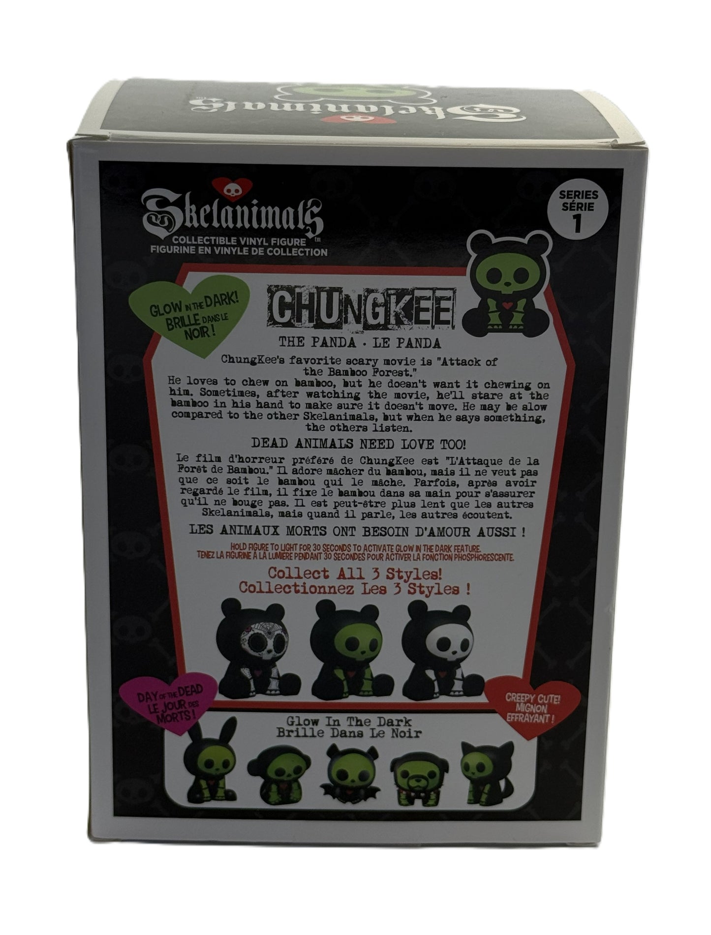 Back of Skelanimals Chungkee packaging with character description glow feature instructions and series lineup
