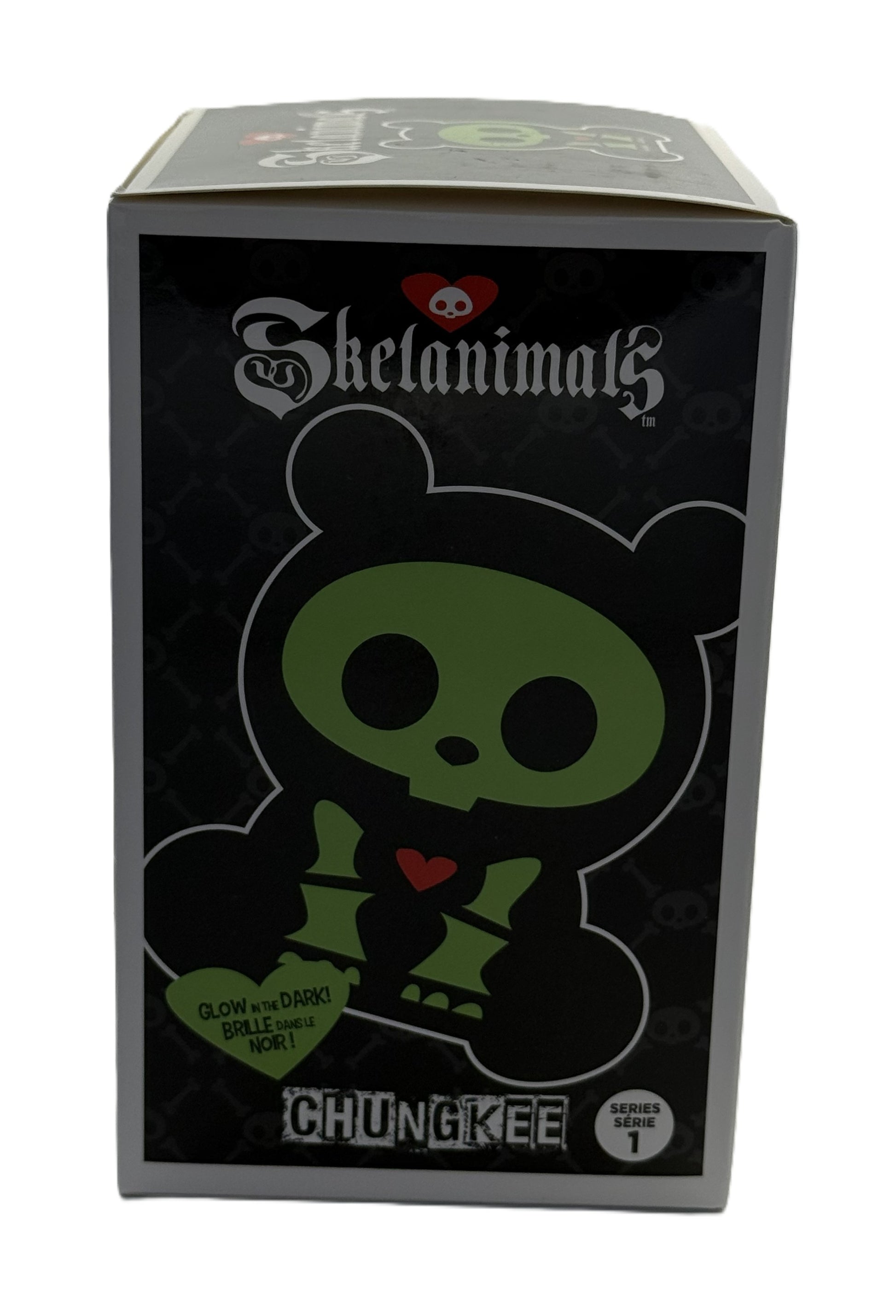 Side view of Skelanimals Chungkee packaging featuring glow in the dark panda artwork and branding
