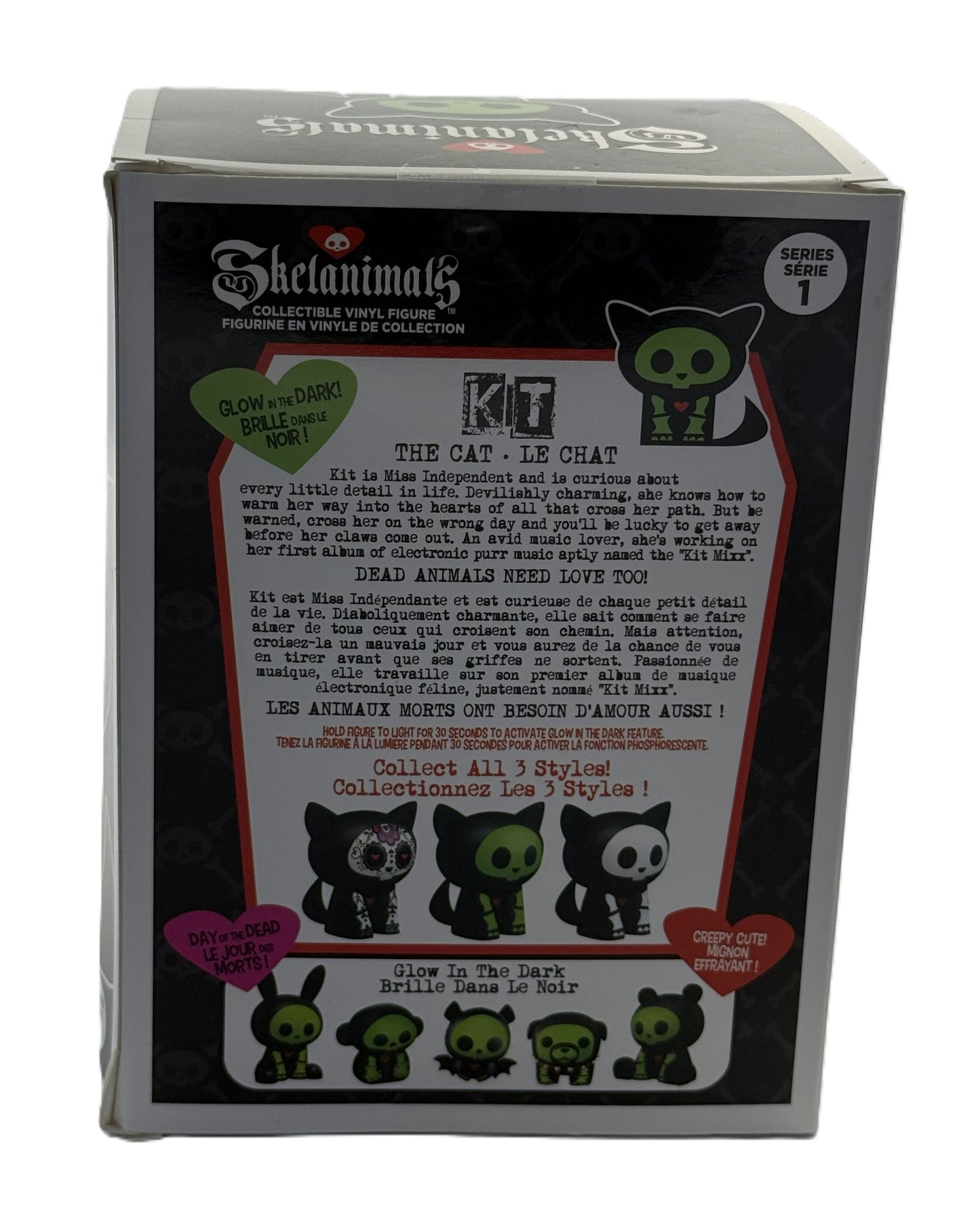Back of Skelanimals Kit packaging with character description glow feature instructions and series lineup
